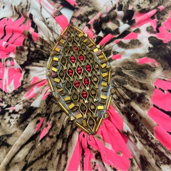 Venus XS Animal Print Sleeveless Top Pink Brown Beaded Detail Crisscross Back - Picture 2 of 11